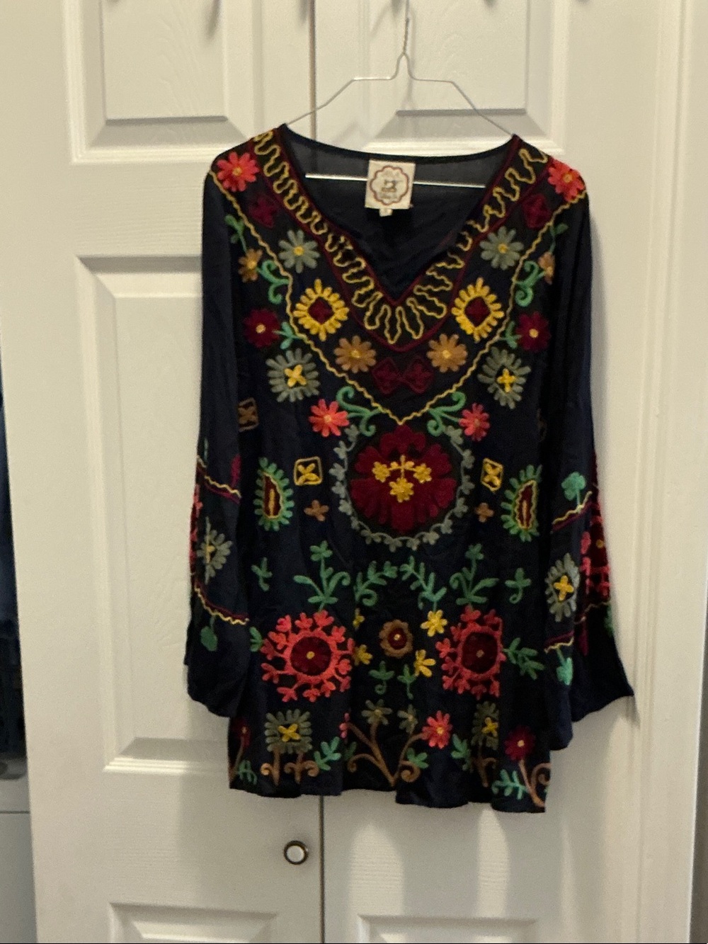 Boho Embroidered Black Floral V-Neck Tunic